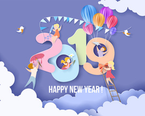 Naklejka premium 2019 New Year design card with kids, blue sky background. Vector illustration. Paper cut and craft style.