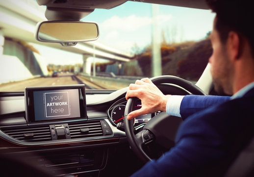 Man Driving in Car with GPS Mockup