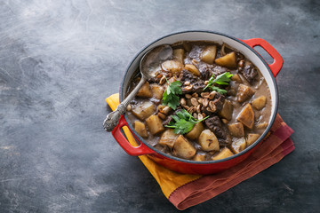Close view of massaman curry on stone background, copy space