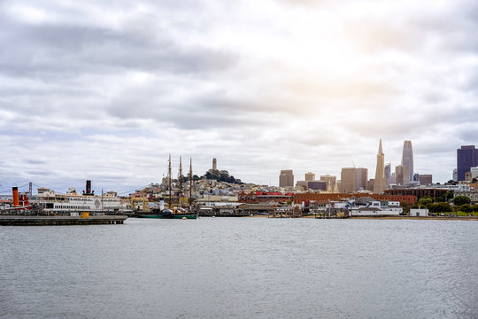 SAN FRANCISCO, CALIFORNIA, USA- MAY 15, 2018: Ships at the quay and view of the city