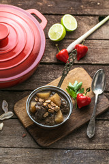 Thai Muslim beef curry or massaman curry served in copper pan