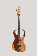 Perfect electric bass guitar in yellow brown burst. Music instrument isolated.