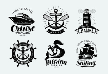 Fototapeta Marina, sailing, cruise logo or label. Marine themes, set of emblems. Vector obraz
