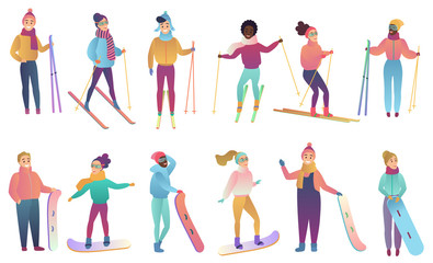 Fototapeta premium Group of cute cartoon skiers and snowboarders in trendy gradient colors vector illustration.
