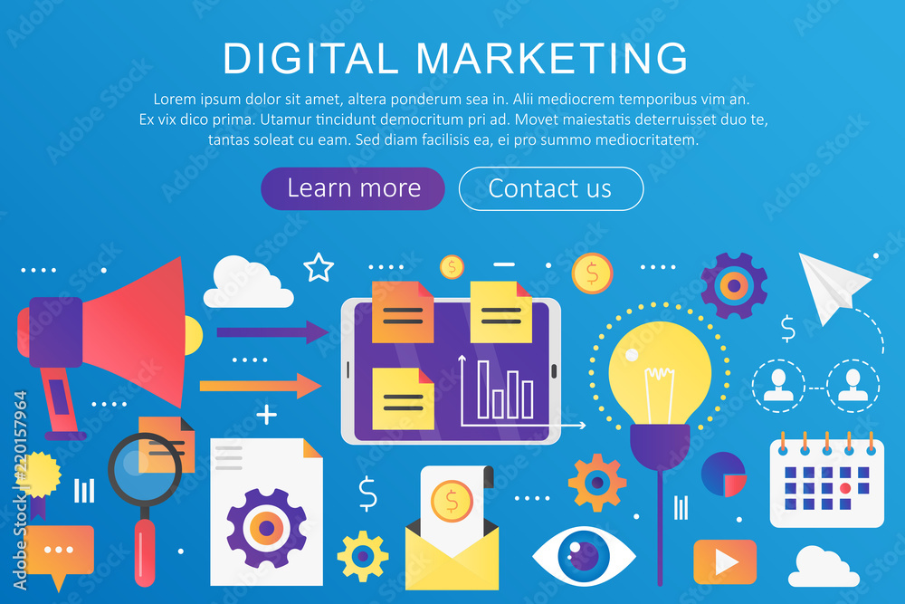 Poster vector trendy flat gradient color digital marketing, seo, social network and media communication con