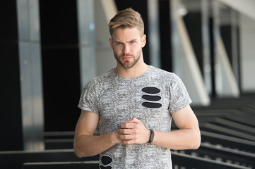 Feeling cool and stylish. Guy bearded attractive care about style and appearance. Man hipster...