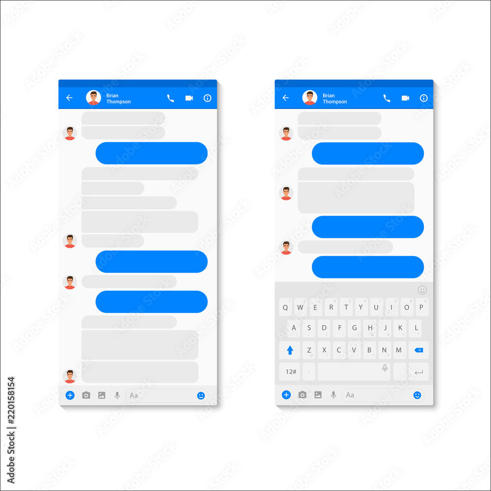 Aufkleber Social network Messenger concept template. Modern messenger app template with chat bubbles and keyboard. Vector Mockup dialogues composer.