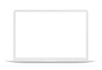 Modern thin laptop front view. White notebook mockup isolated vector illustration. Perfect for any ui demonstration.