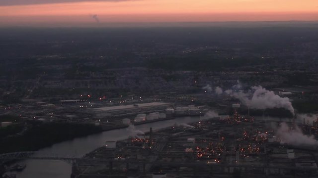 Aerial of industrial parts of Philadelphia, as the sun rises