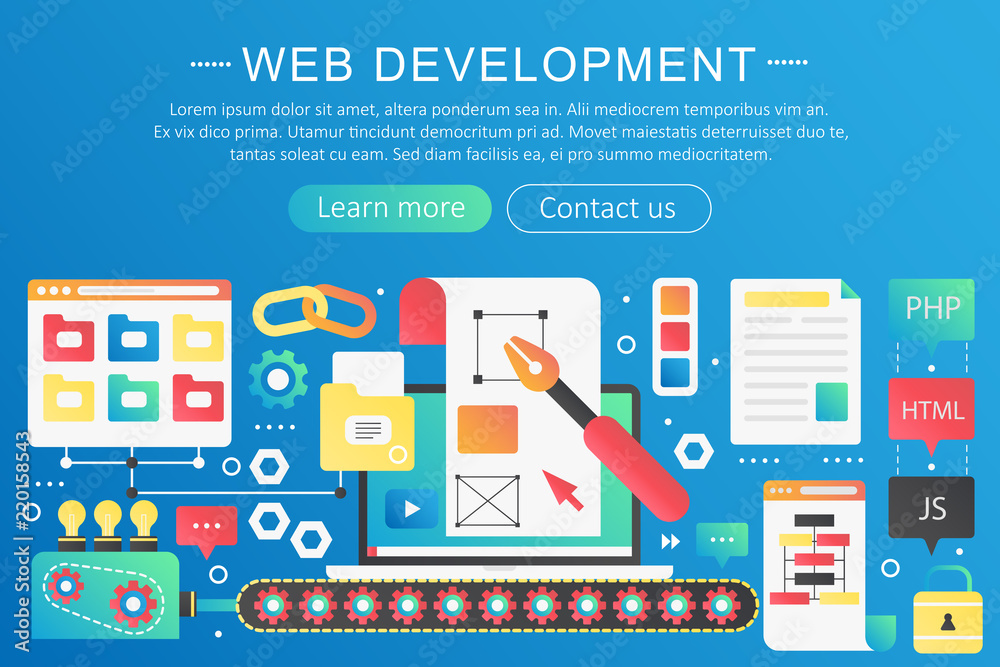 Aufkleber Vector trendy flat gradient color web development concept template banner with icons and text.