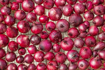 Red onions is on drying on grate