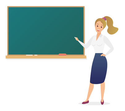 Young woman teacher standing in front of blank school blackboard vector illustration. Cute cartoon school female teacher.
