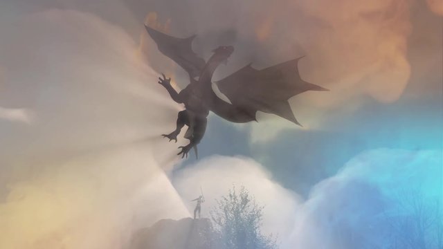 knight fighting dragon, dragon versus man 3D render