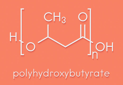 Polyhydroxybutyrate (PHB) biodegradable plastic, chemical structure. Polymer that is both bio-derived and compostable. Skeletal formula.
