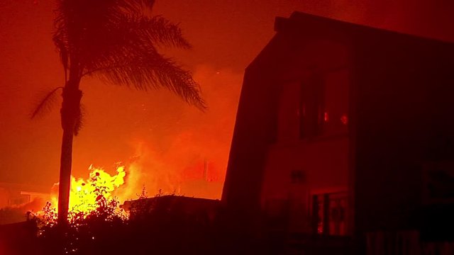 2017 - Santa Ana winds fuel the inferno of flames at night in the hills above Ventura and Santa Barbara during the Thomas Fire.