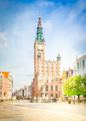 City Hall of Gdansk and Long street Dluga , Gdansk, Poland, retro toned