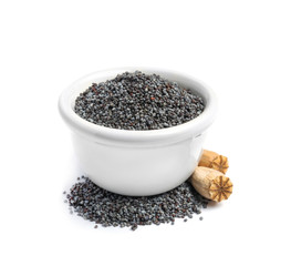 Bowl with poppy seeds on white background