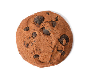 Tasty cookie with chocolate chips on white background, top view