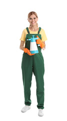 Female janitor with spray bottle of cleaning product on white background