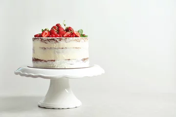 Fotobehang Delicious homemade cake with fresh berries and space for text on light background © New Africa