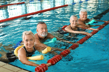 Sportive senior people doing exercises in indoor swimming pool