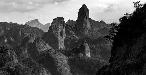 Candle Peak - Ghost Valley Scenic Area of Lang Mountain, Langshan - China National Geopark, Xinning County Hunan province. Unique Danxia Landform, UNESCO World Heritage. Red Danxia, Rice Fields © Cedar