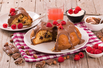 Chocolate cake with raspberries.