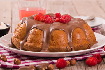 Chocolate cake with raspberries.