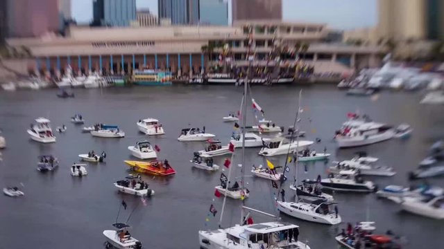 Time lapse tilt shift blur of crowds of motorboats in Tampa Florida Seddon Channel.