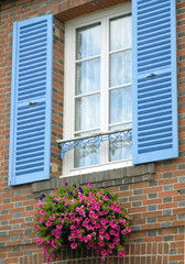Fototapeta na wymiar ville de Francheville, volets bleus ouverts et potée de fleurs roses, département de l'Eure, Normandie, France
