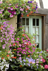 Fototapeta na wymiar ville de Francheville, fenêtre en bois verte noyée dans les fleurs, département de l'Eure, Normandie, France