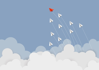 Business concept. Red paper leader airplane flying on blue sky of business teamwork and one different vision. Leader, New idea, boss, manager, winner concept, trend. Vector illustration