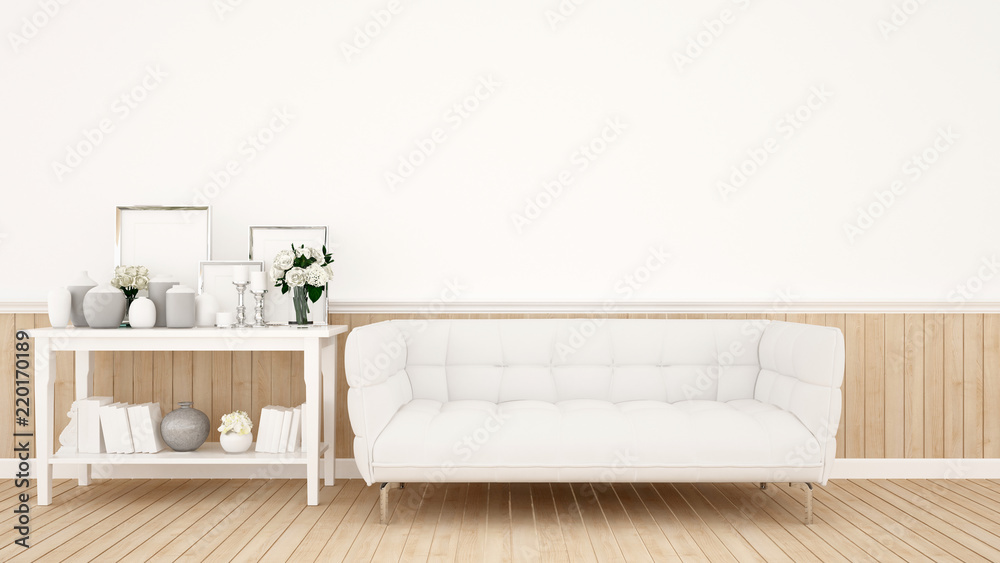 Canvas Prints Living room decoration on white tone for artwork - White sofa and decoration set in white room artwork for apartment or home - Interior classic style - 3D Illustration