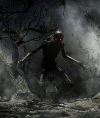Nightmare with bogeyman,Boy enter to the haunted forest in his dream and discover a mythical creature call bogeyman in creepy forest,3d illustration