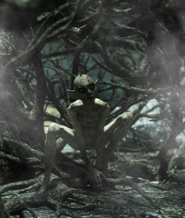 Monster creature woman in creepy forest,3d illustration for book illustration or book cover