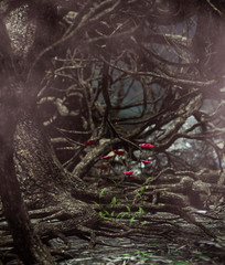 Beauty always dangerous,Cosmos flower in derelict forest,3d illustration for book illustration or book cover