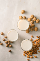 Obraz na płótnie Canvas Glasses of milk: Macadamia, almond, walnut. Top view.