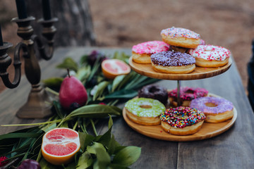 Food on a table with donuts