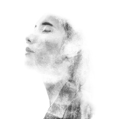 blending double exposure woman with watercolor style black and white