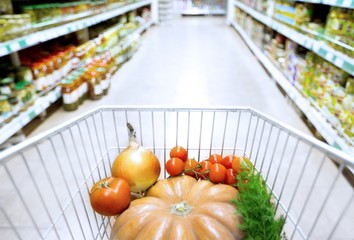 Inside View of Shopping Cart Full of Groceries with Motion Blur