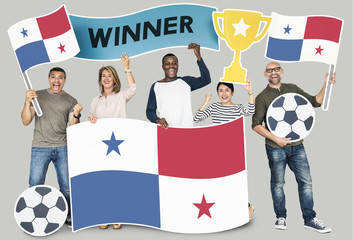 Diverse football fans holding the flag of Panama