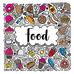 colorful food doodle illustration on white background
