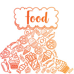 gradient color food doodle illustration on white background