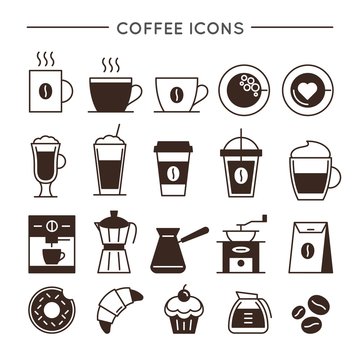 Coffee icon set in thin line style. Cafe and restaurant corporate identity design elements. Coffee maker or coffee shop vector pictograms. Hot drinks signs collection isolated on white background
