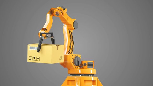 Carton boxes set and special transportation robot and hydraulic machine with mechanic arm using for packing, isolated on white  illustration