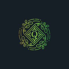 Luxury Eco Leaf Florish Logo template, Letter Q icon symbpl vector illustration