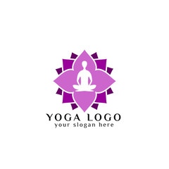 yoga logo design stock. human meditation in lotus flower vector illustration in purple color