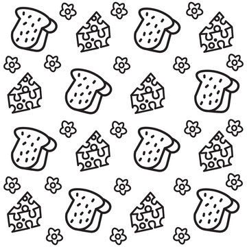 bread and cheese doodle illustration pattern with flower on white background