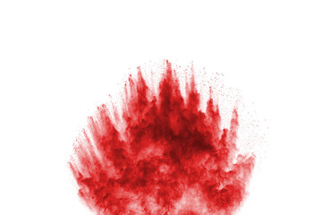 Freeze motion of red powder exploding, isolated on white background. Abstract design of red dust cloud. Particles explosion screen saver, wallpaper