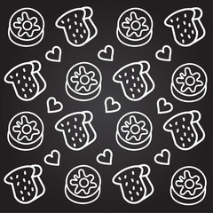 bread and donuts doodle illustration pattern with heart on black background